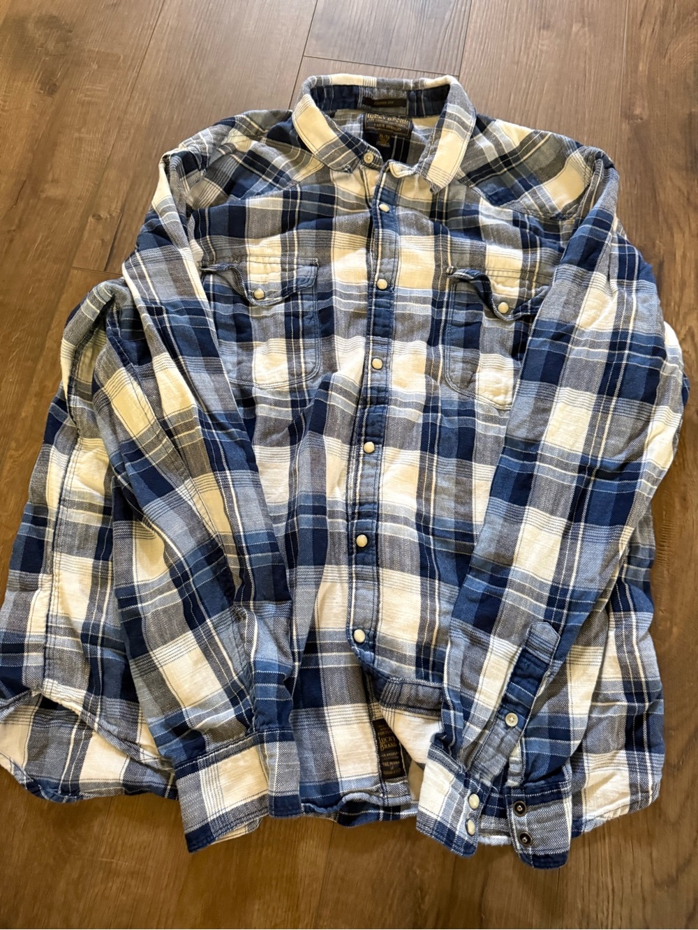 Lucky Brand Blue, White, and Gray Plaid Button-Down Shirt
